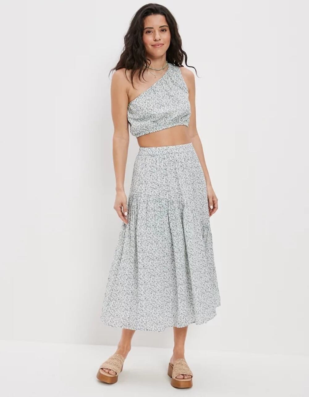 Aerie Boho Floral Tiered Maxi Skirt Cream Blue Ditsy Print Size M